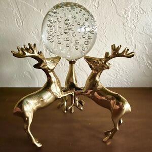 ✨Brass Metal Gold Reindeer Glass or Semi Precious Stone Sphere Holder Decor✨